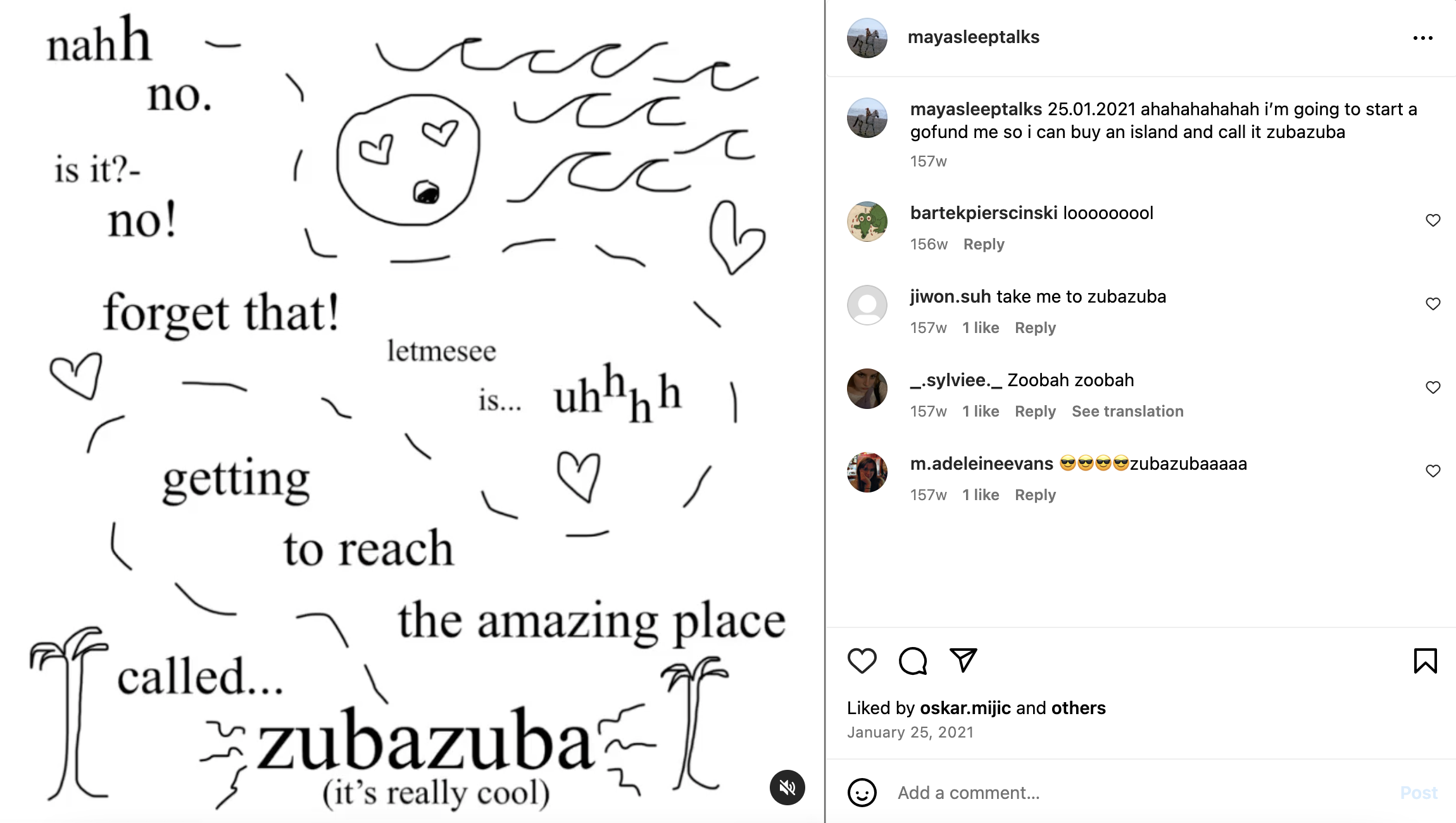 A screenshot of Zubazuba on Instagram
